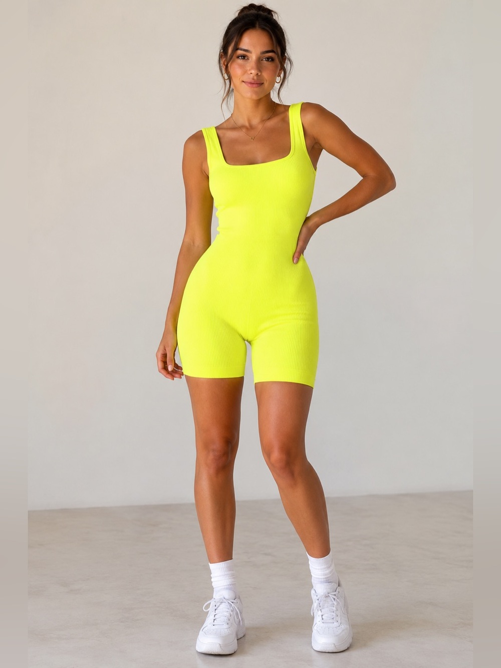 Neon Yellow Ribbed Biker Jumpsuit